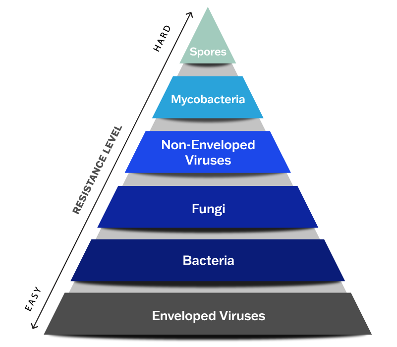 Pathogen Hierarchy - Air Scrubber Advanced A Pyramid showing the hierarchy of pathogens and their resistance starting from bottom (easiest resistance) to top (hardest resistance); Enveloped Viruses, Bacteria, Fungi, Non-enveloped viruses, mycobacteria, and spores.